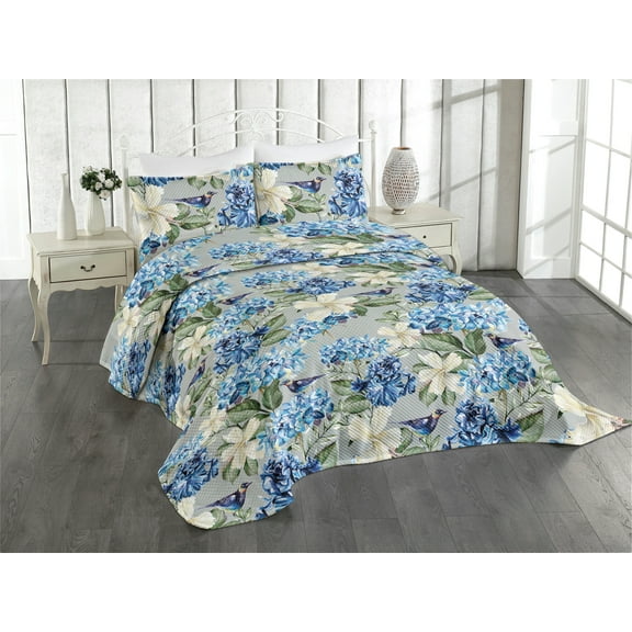 Ambesonne Exotics Quilted Coverlet 3 Pcs, Simple Hydrangea Hibiscus, King Size, Cobalt Blue Peacock Green
