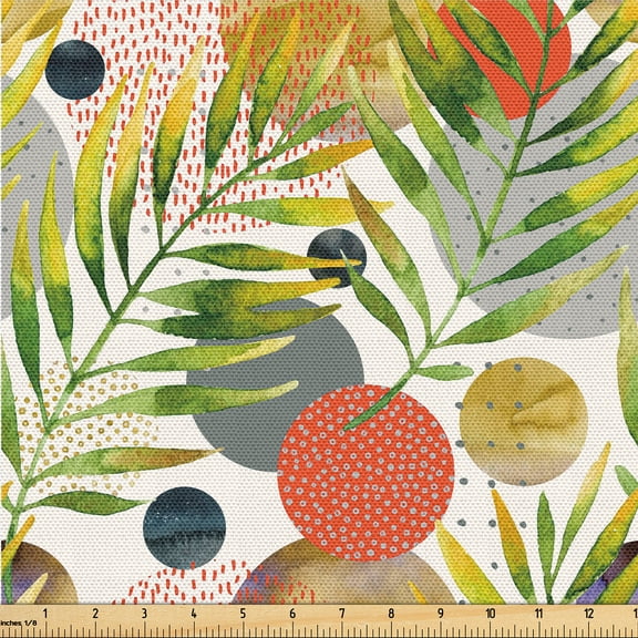 Ambesonne Exotics Vibe Fabric by the Yard, Dreamy Leafy Pattern, 10 Yards, Fern Green Vermilion Grey