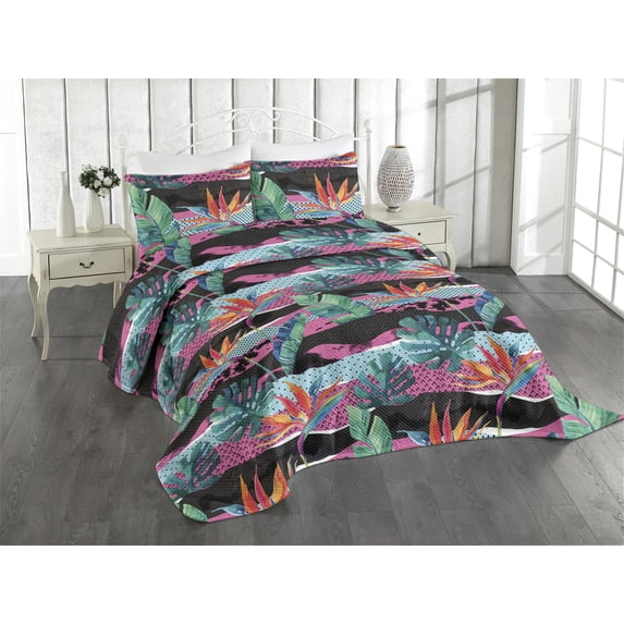 Ambesonne Exotics Vibe Quilted Coverlet 3 Pcs, Pop Art Monsteras Boho, King Size, Hot Pink Teal Vermilion