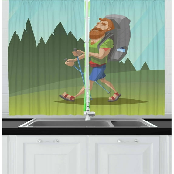 Ambesonne Explore Kitchen Curtains, Outdoor Activity Hike, 55"x39", Multicolor