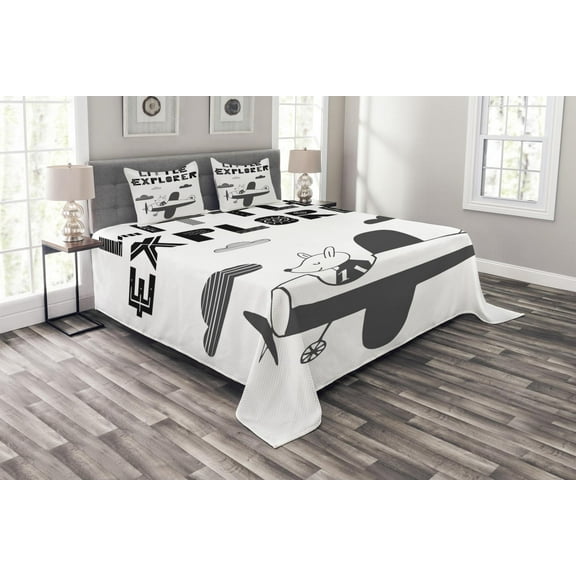 Ambesonne Explore Quilted Bedspread Set 3 Pcs, Hand Drawn Bunny Plane, King Size, Black and White