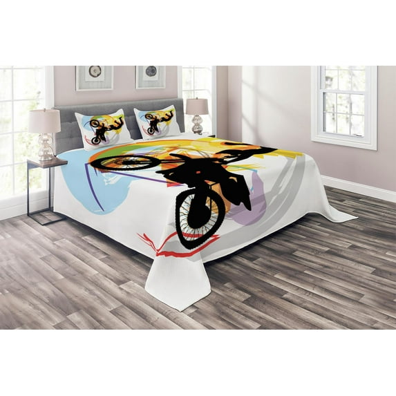 Ambesonne Extreme Sports Quilted Coverlet 3 Pcs, Motocross Rider, King Size, Multicolor