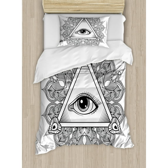 Ambesonne Eye Duvet Cover Set, Vintage Tattoo Boho Occult, Twin, Black White