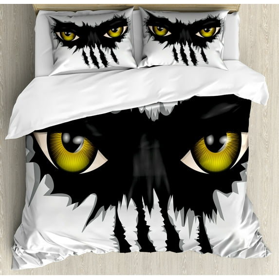 Ambesonne Eye Duvet Cover Sets, Evil Eyes Black Cat Danger, 2-King, Yellow Black Grey