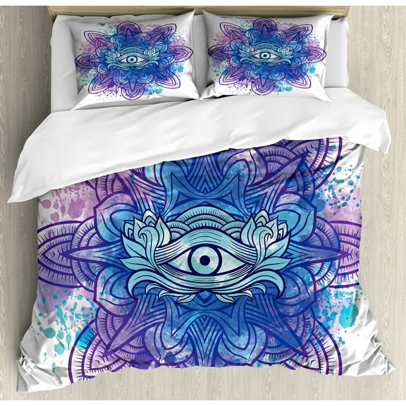 Ambesonne Eye Duvet Cover Sets, Third Eye Mandala, 2-King, Aqua Blue Purple