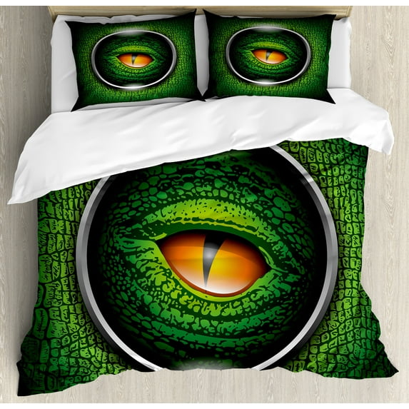 Ambesonne Eye Duvet Cover Sets, Vibrant Realistic Reptile, 2-King, Green Orange Grey