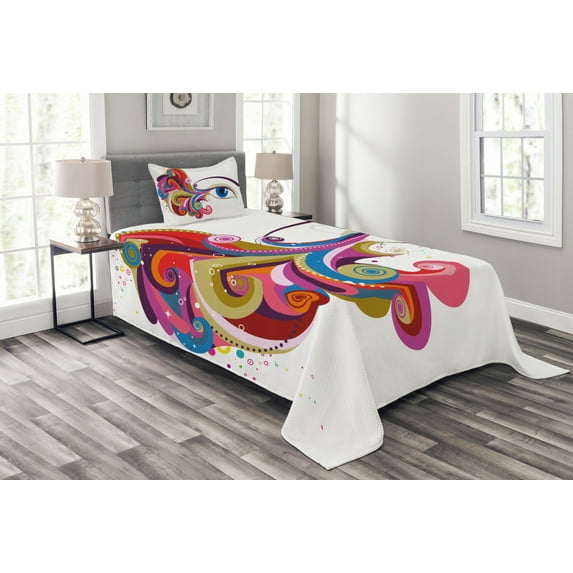 Ambesonne Eye Quilted Bedspread Set 2 Pcs, Woman's Eye Colorful Art, Twin Size, Multicolor