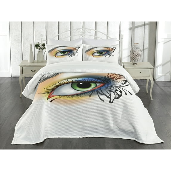 Ambesonne Eye Quilted Bedspread Set 3 Pcs, Fantasy Woman Make up Wing, Queen Size, Multicolor