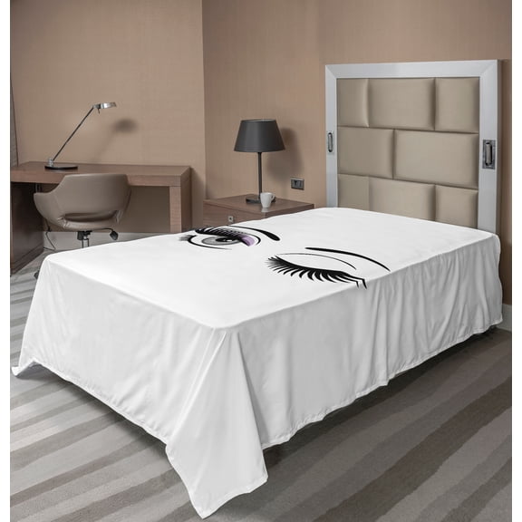 Ambesonne Eyelash Flat Sheet, Flirting Winking Woman, TwinXL Size, Lilac Grey Black