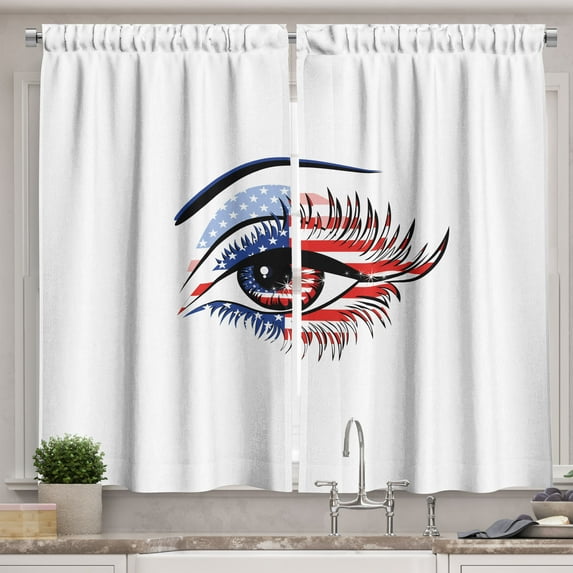 Ambesonne Eyelash Kitchen Curtains, USA Flag Female Eye, 55"x39", Navy Blue Red Black