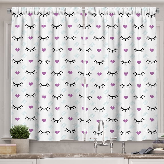 Ambesonne Eyelash Kitchen Curtains, Winking Eyes Hearts, 55"x39", Fuchsia Pale Blue Black