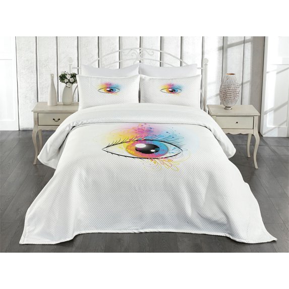 Ambesonne Eyelash Quilted Bedspread Set 3 Pcs, Spring Inspired Floral, Queen Size, Multicolor