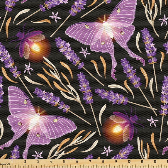 Ambesonne Fairycore Fabric by the Yard Upholstery, Mid Century Wings Print, 10 Yards, Mauve Fuchsia Sand Brown