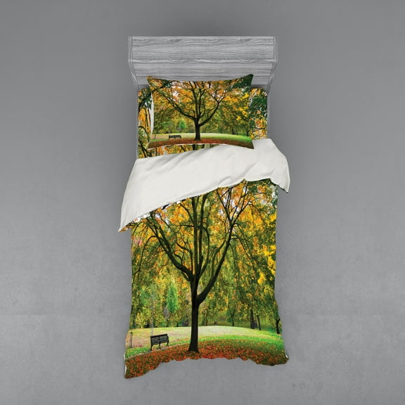 Ambesonne Fall Bedding Set 3 Pcs, Autumn Park Leaves Nature, Twin XL, Green Yellow