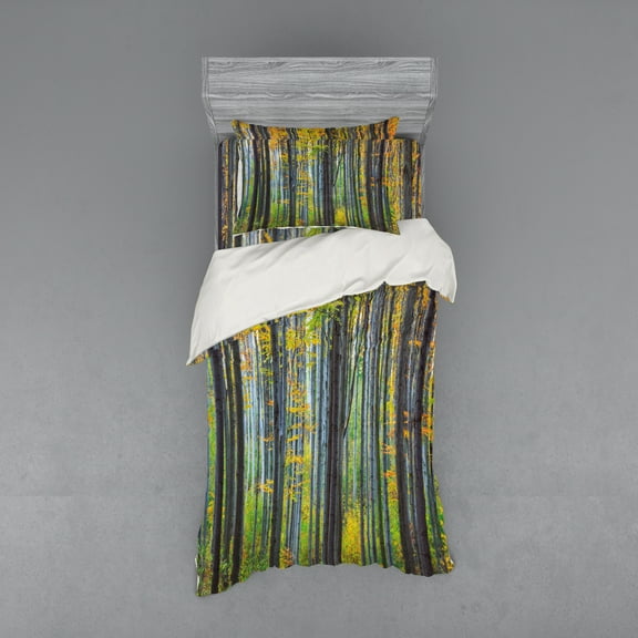 Ambesonne Fall Bedding Set 3 Pcs, Autumn Season Beech Forest, Twin XL, Grey Yellow