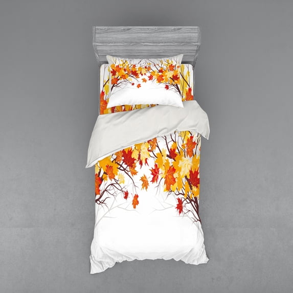 Ambesonne Fall Bedding Set 3 Pcs, Cartoon Maple Autumn Tree, Twin, Orange White