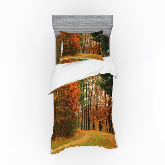 Ambesonne Fall Bedding Set 3 Pcs, Cloudy Day in September, Twin XL, Orange Green Brown