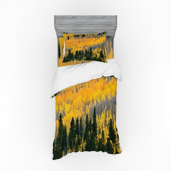 Ambesonne Fall Bedding Set 3 Pcs, Colorful Aspen Trees USA, Twin, Green Yellow Grey