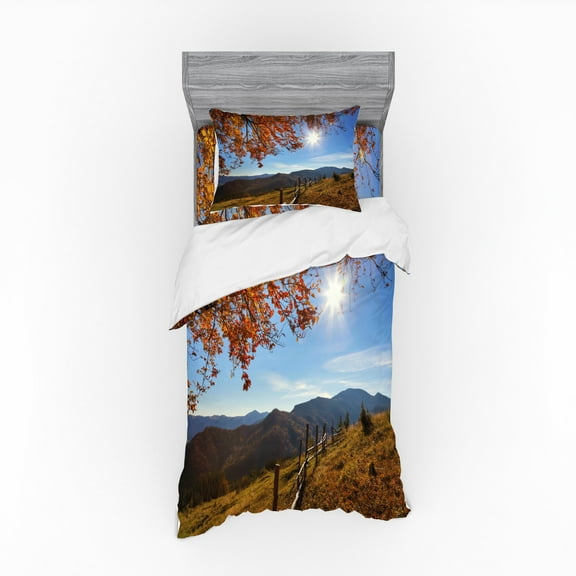 Ambesonne Fall Bedding Set 3 Pcs, Fallen Leaves and Hills, Twin XL, Multicolor