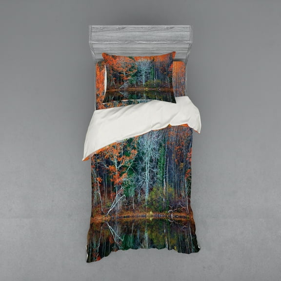 Ambesonne Fall Bedding Set 3 Pcs, Forest River Autumn, Twin, Brown and Red
