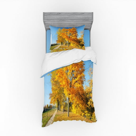Ambesonne Fall Bedding Set 3 Pcs, Maple Trees Countryside, Twin XL, Pale Blue Yellow Green