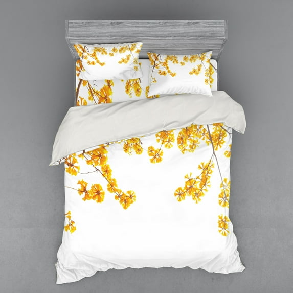 Ambesonne Fall Bedding Set 4 Pcs, Blooming Flowers Garden, Queen, Yellow Brown