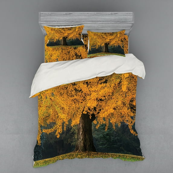 Ambesonne Fall Bedding Set 4 Pcs, Leaves Tree Autumn Season, Queen, Earth Yellow Brown
