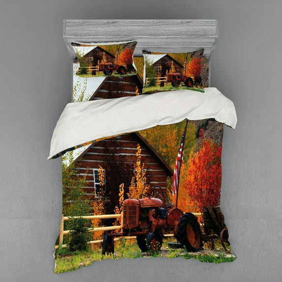 Ambesonne Fall Bedding Set 4 Pcs, Rustic Cabin with Tractor, Queen, Multicolor