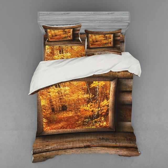 Ambesonne Fall Bedding Set 4 Pcs, View from Rustic Cottage, Queen, Orange Brown