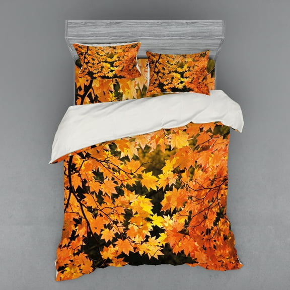Ambesonne Fall Bedding Set 4 Pcs, Vivid Autumn Maple Leaves, Queen, Orange Yellow Brown