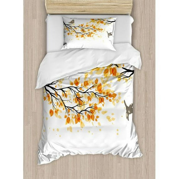 Ambesonne Fall Branch with Pale Leaves and Birds Change in Season Summer Print Duvet Cover Set