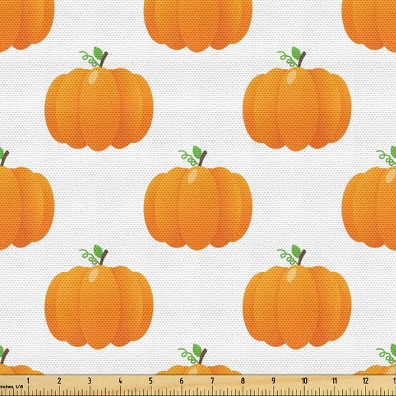 Ambesonne Fall Colors Fabric by the Yard Upholstery, Cartoon Pumpkins Motif, 3 Yards, Orange Lime Green White
