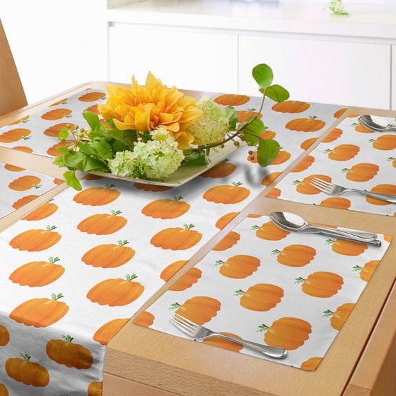 Ambesonne Fall Colors Table Runner & Placemats, Cartoon Pumpkins Motif, Placemat 4 pcs + Runner 12"x90", Orange Lime Green White