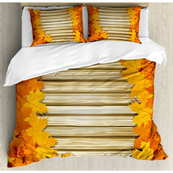 Ambesonne Fall Duvet Cover Set, Fallen Leaves Rustic Style, 2-Calking, Pale Coffee Marigold