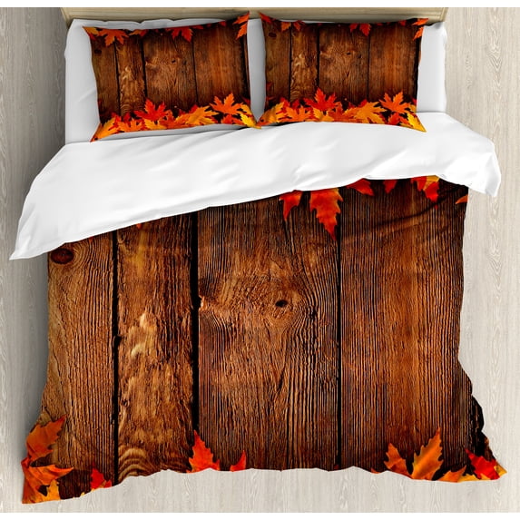 Ambesonne Fall Duvet Cover Set, Leaves on the Wooden Board, 2-Calking, Brown Orange
