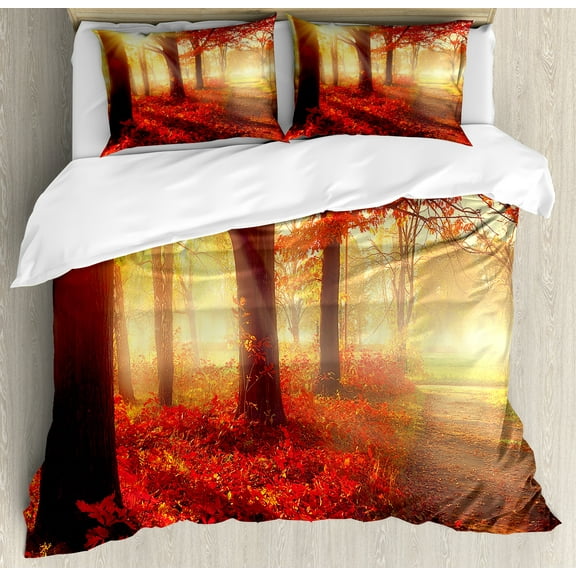 Ambesonne Fall Duvet Cover Set, Misty Morning in Forest, 2-Calking, Yellow Red