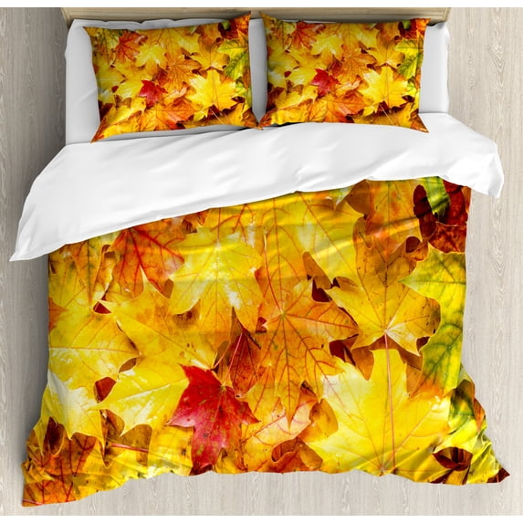 Ambesonne Fall Duvet Cover Set, Wet Maple Leaves Nature, Queen, Multicolor