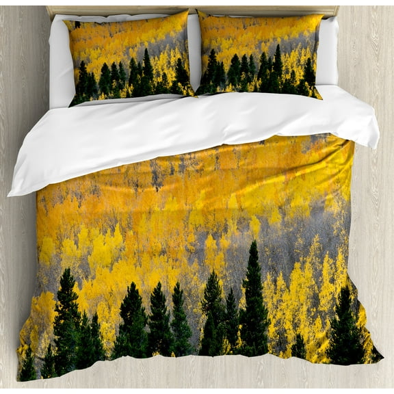 Ambesonne Fall Duvet Cover Sets, Colorful Aspen Trees USA, 2-Queen, Green Yellow Grey