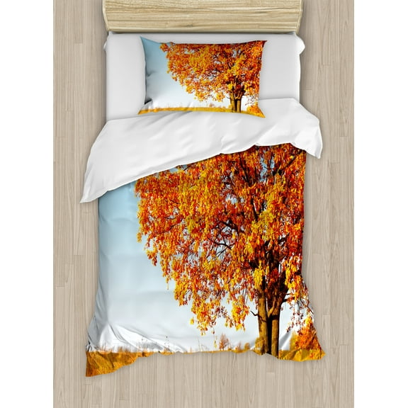 Ambesonne Fall Duvet Cover Sets, Lonely and Oak, 2-Twin, Orange Yellow Pale Blue