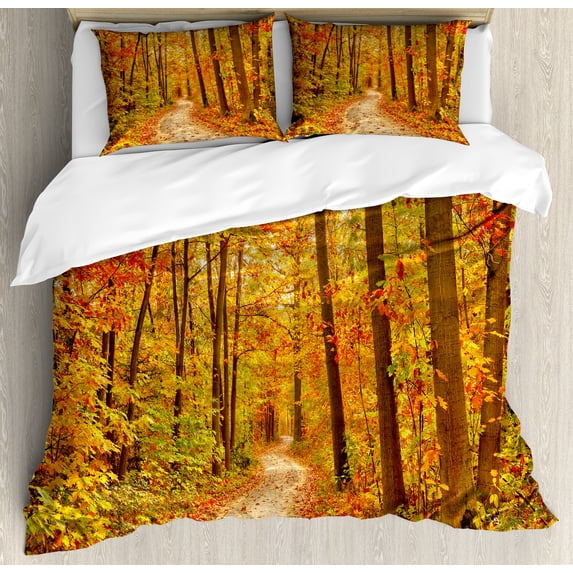 Ambesonne Fall Duvet Cover Sets, Pathway in the Wilderness, 2-King, Orange Pale Green Brown