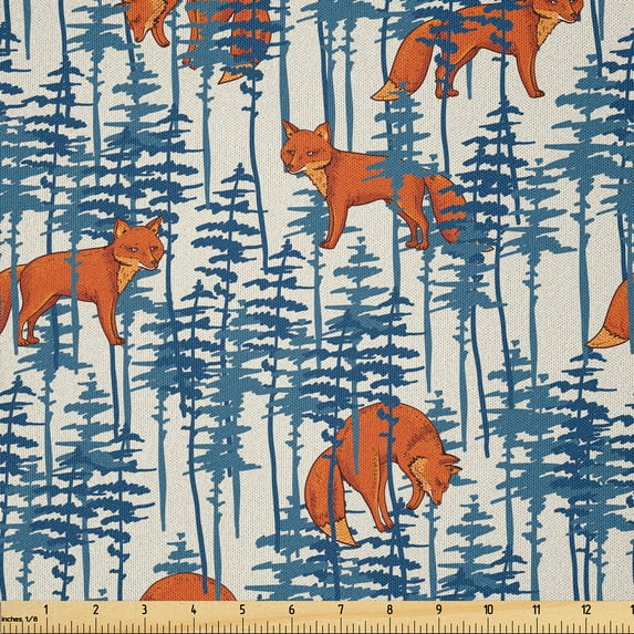 Ambesonne Fall Fabric by the Yard Microfiber, Forest Animal Fox Wood Art, 2 Yards, White Slate Blue