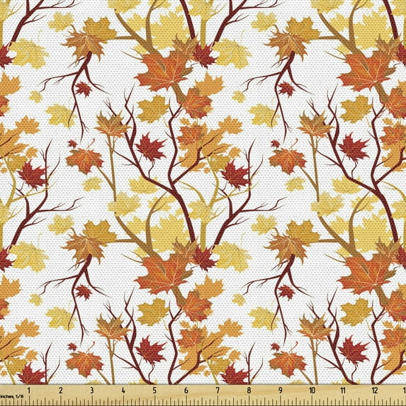 Ambesonne Fall Fabric by the Yard Upholstery, Autumn Season Elements Nature, 2 Yards, Yellow Orange