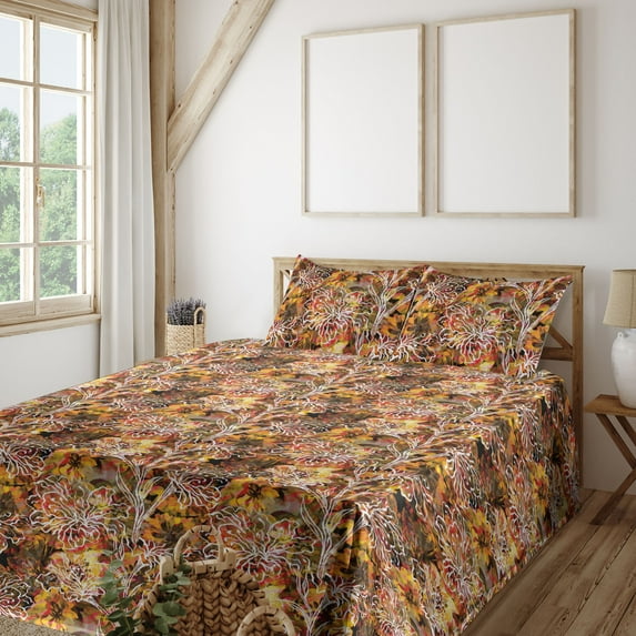 Ambesonne Fall Fitted & Flat Sheet with Shams 4 Pcs Set, Autumnal Botanical Pattern, Queen, Fawn Mustard and Vermilion