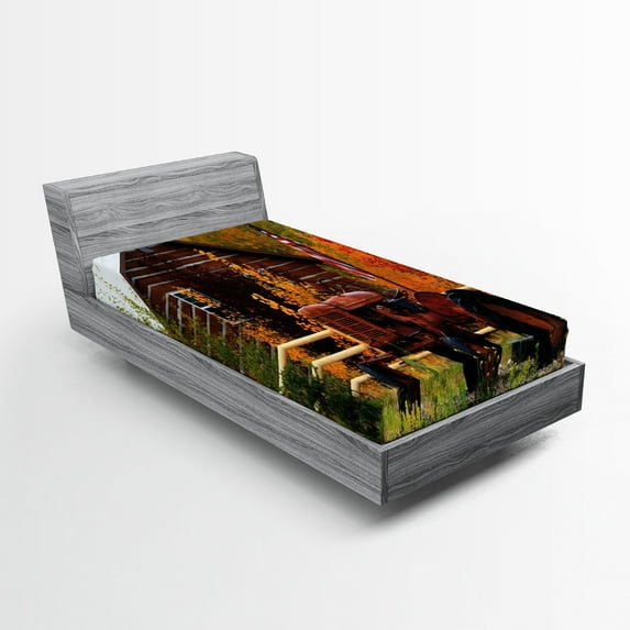 Ambesonne Fall Fitted Sheet 2 Pcs Set, Rustic Cabin with Tractor, Twin XL, Multicolor