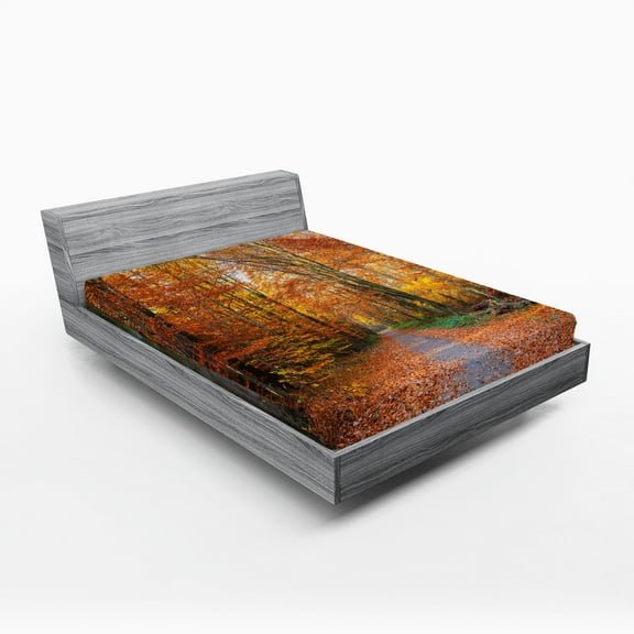 Ambesonne Fall Fitted Sheet 2 Pcs Set, Vibrant Trees Pathway, California King, Orange Yellow Green