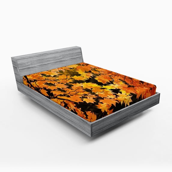 Ambesonne Fall Fitted Sheet 2 Pcs Set, Vivid Autumn Maple Leaves, Queen, Orange Yellow Brown