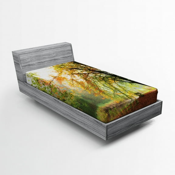 Ambesonne Fall Fitted Sheet, Autumn Forest Peace View, Twin Size, Orange Green