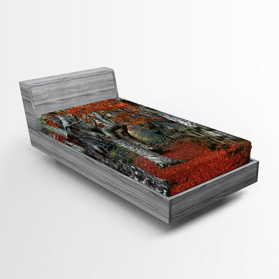 Ambesonne Fall Fitted Sheet, Beech Forest Autumn, Twin XL Size, Grey Red