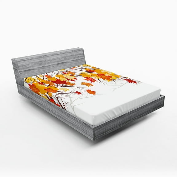 Ambesonne Fall Fitted Sheet, Cartoon Maple Autumn Tree, Queen Size, Orange White
