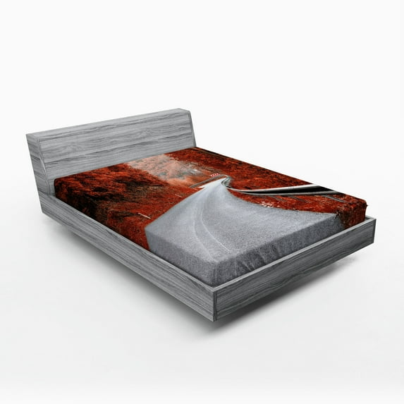 Ambesonne Fall Fitted Sheet, Dreamy Road Travel Theme, Queen Size, Orange Pale Grey